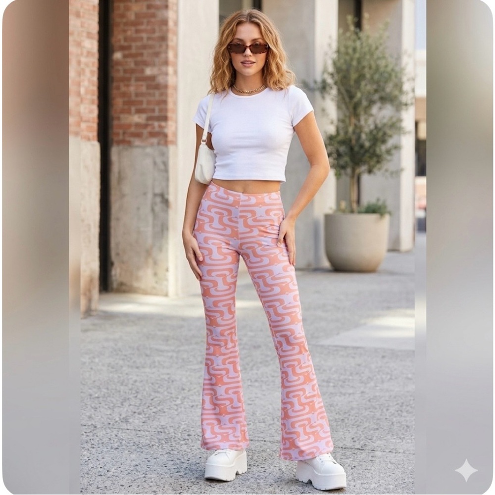 NWT High Waisted Flare Pants Lilac Orange Illusion Print Retro Bell Bottom 2